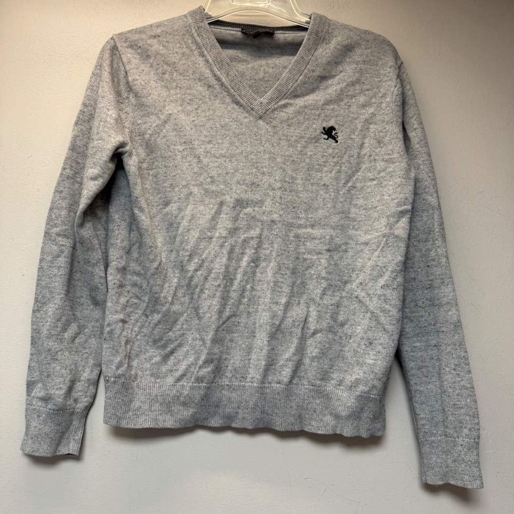 Express V-Neck Sweater Mens M Gray Excellent Cotton Lion Logo Pullover